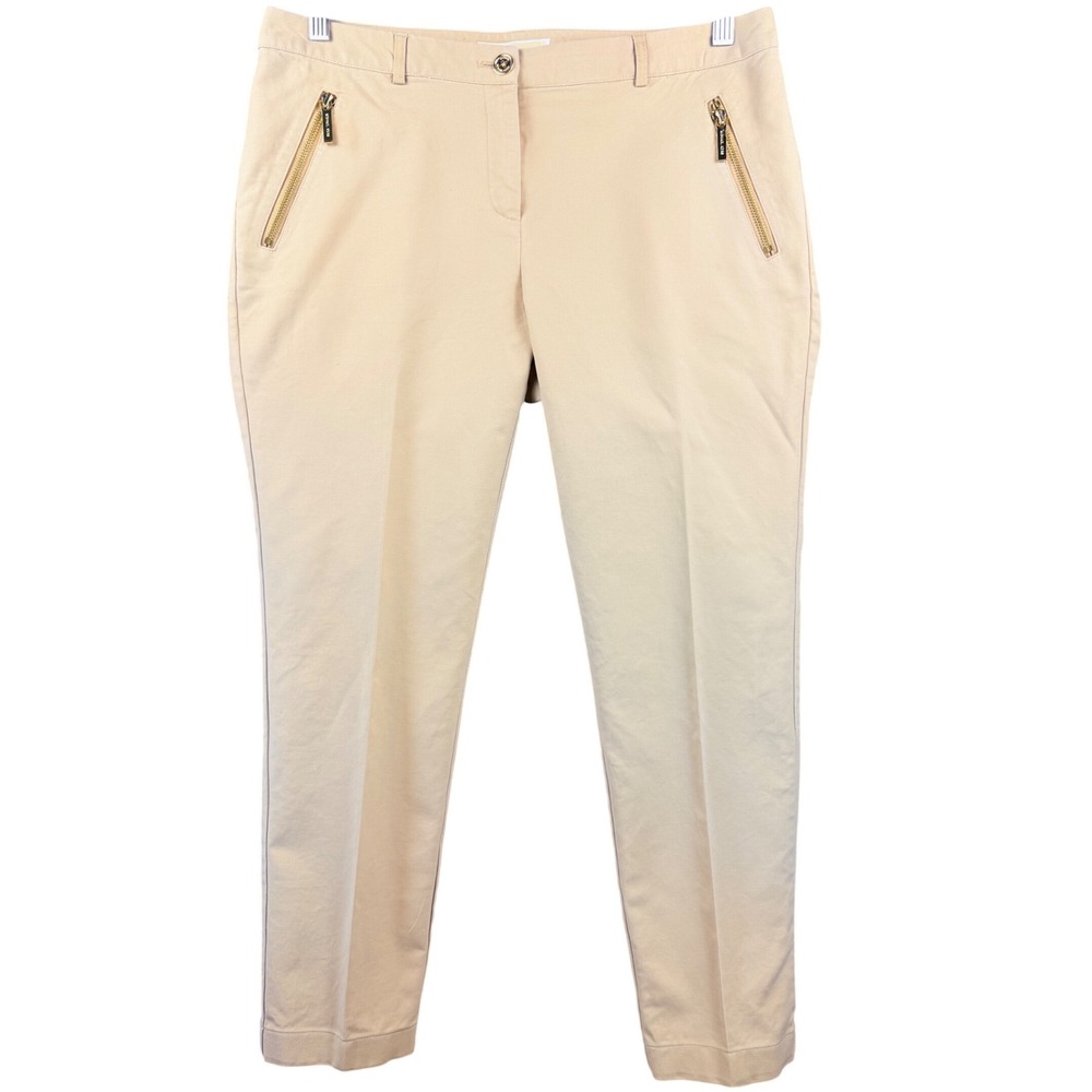 Michael Kors Womens Beige Gold Zip Ankle Pants Size 10 Cotton Blend Tapered Leg
